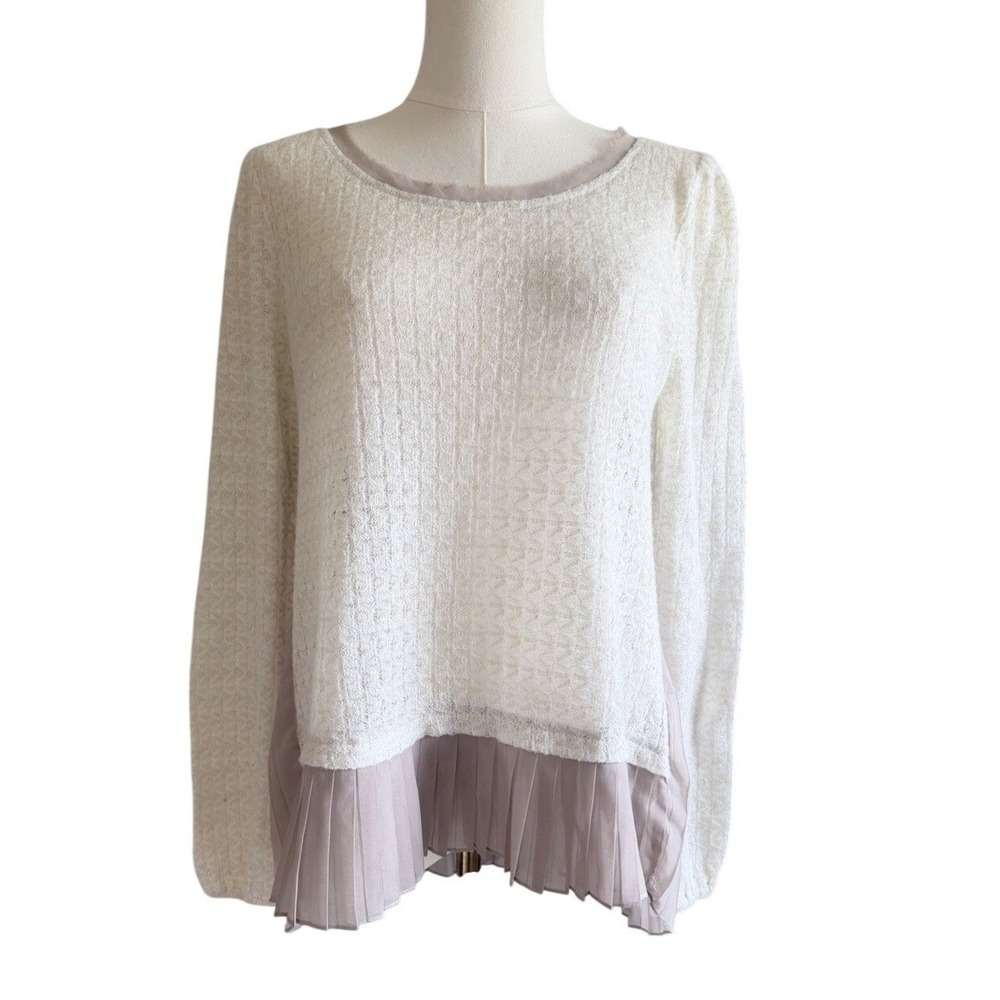 A'reve Women Cream Knit Pleated‎ Chiffon Hem Lace Back Sweater Top Small